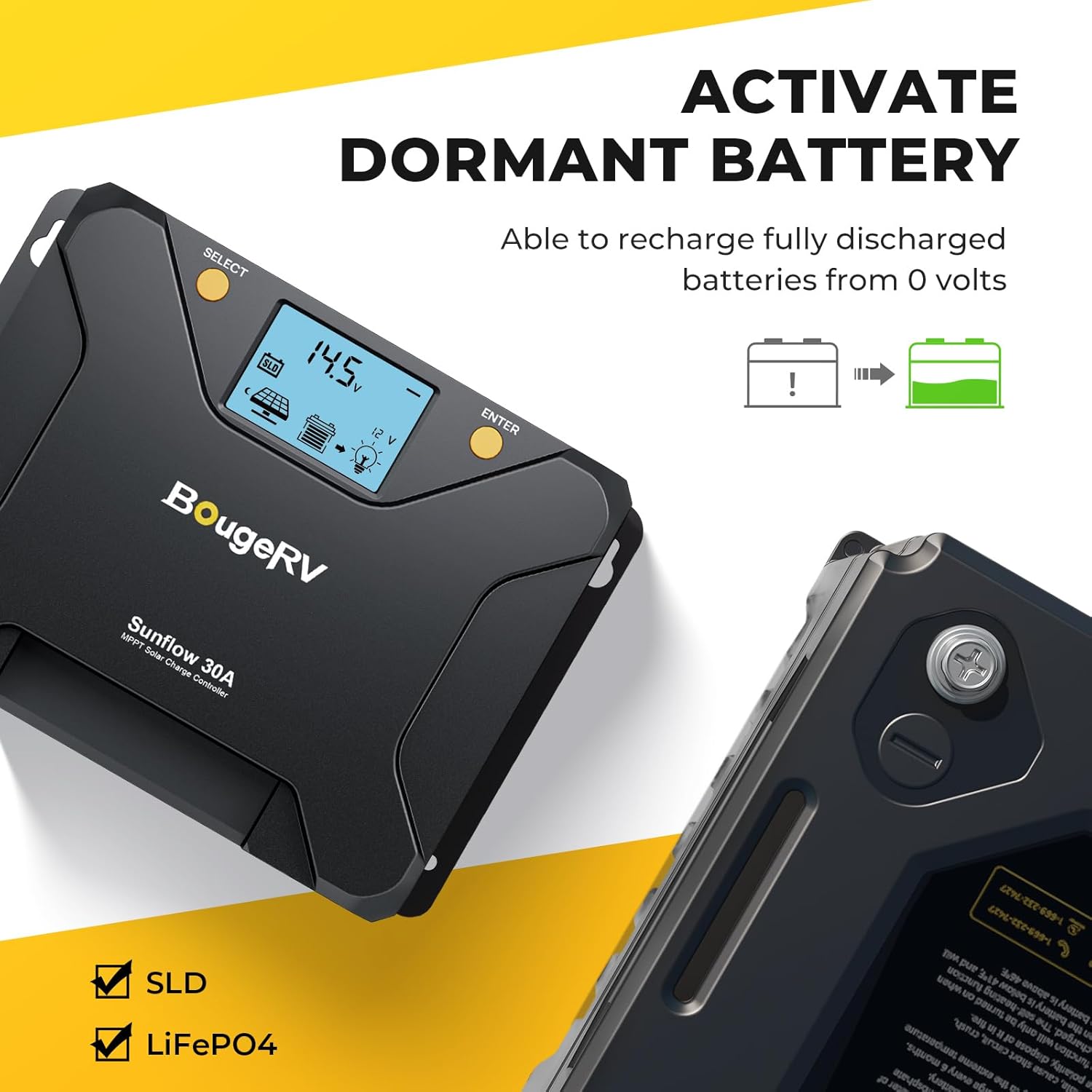 Detalle 2 de BougeRV Sunflow 30A MPPT Solar Charge Controller with Low-Temp Cut-Off, App Control & Backlit LCD