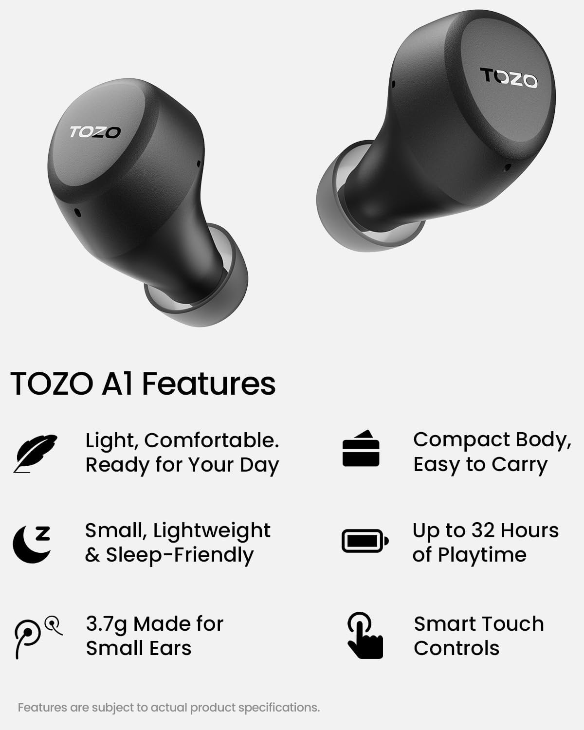 Detalle 2 de TOZO A1 Mini trådlösa in-ear-hörlurar med Bluetooth 5.3 och touchkontroll