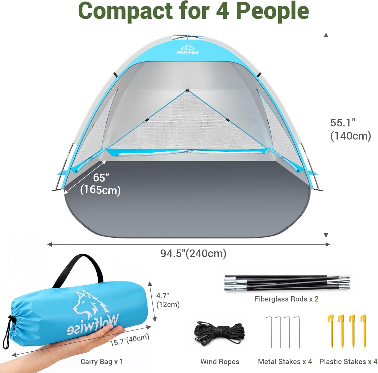Detalle de Wolfwise Portable Beach Tent Sun Shelter (Large, 95" x 65" x 55"), UPF 50+ Shade with Extendable Privacy Floor