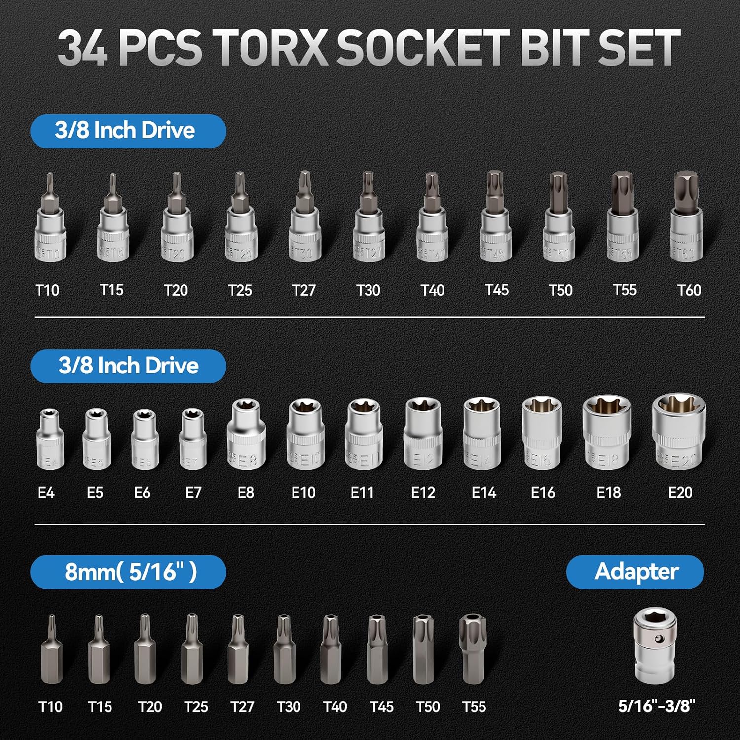 Thumbnail 1 de 34-Piece Torx Star Bit Socket Set 3/8-inch
