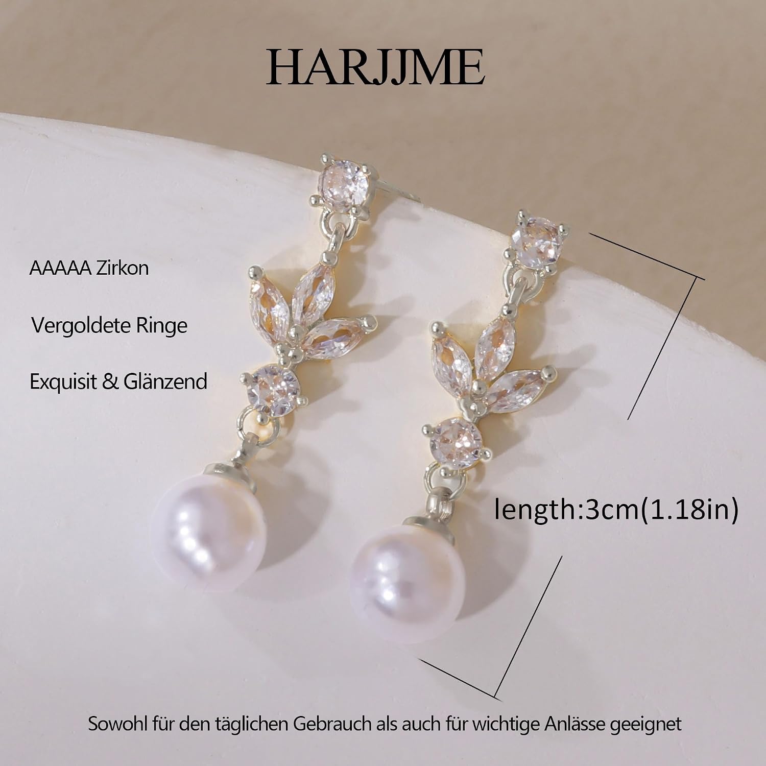 Detalle de HARJJME Perlen Ohrringe Silber 925 | 14K vergoldete Hänger mit Zirkonia – lang, hypoallergene Modeschmuck