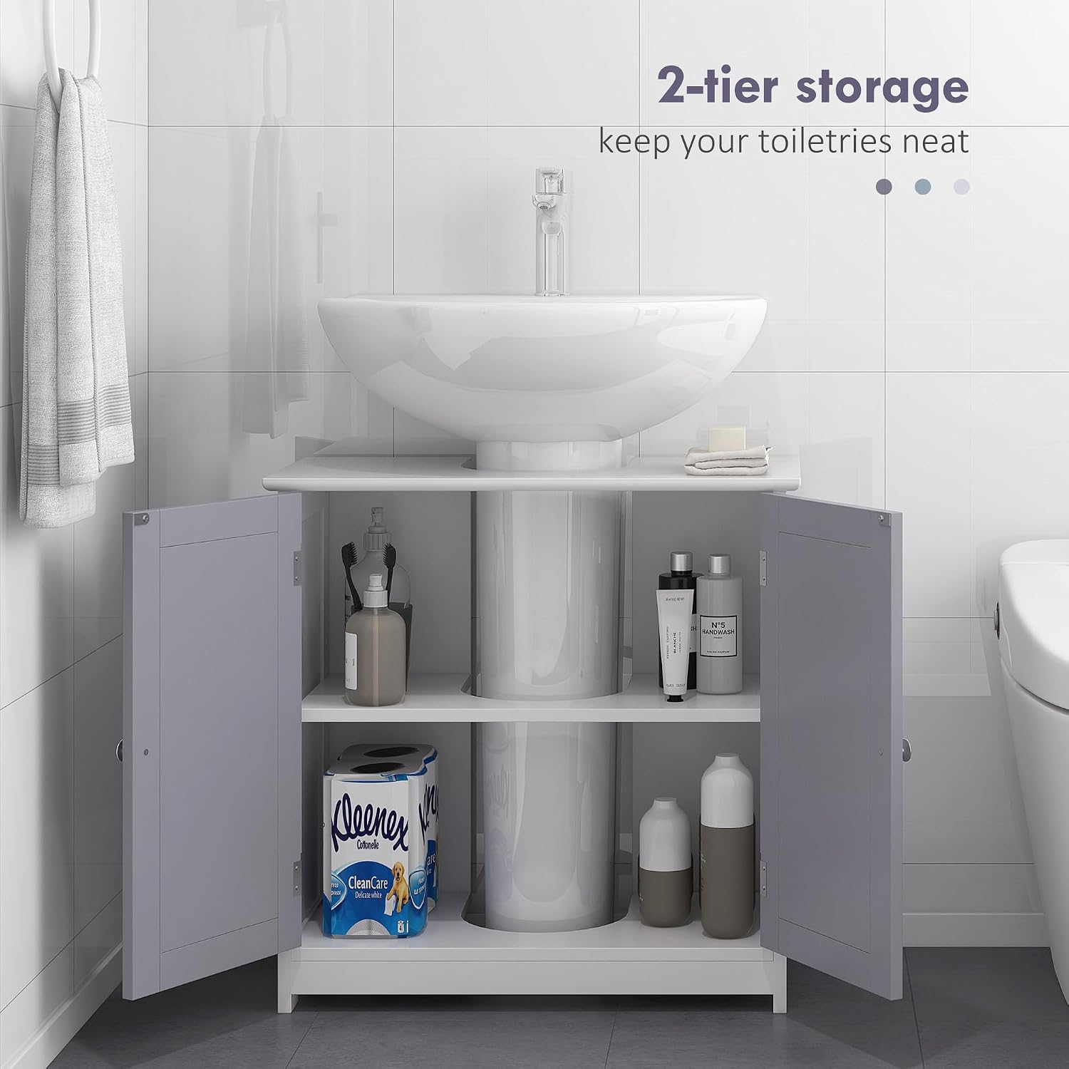 Thumbnail 4 de Meuble salle de bain sous lavabo kleankin (placard 2 portes avec étagère) en MDF gris & blanc