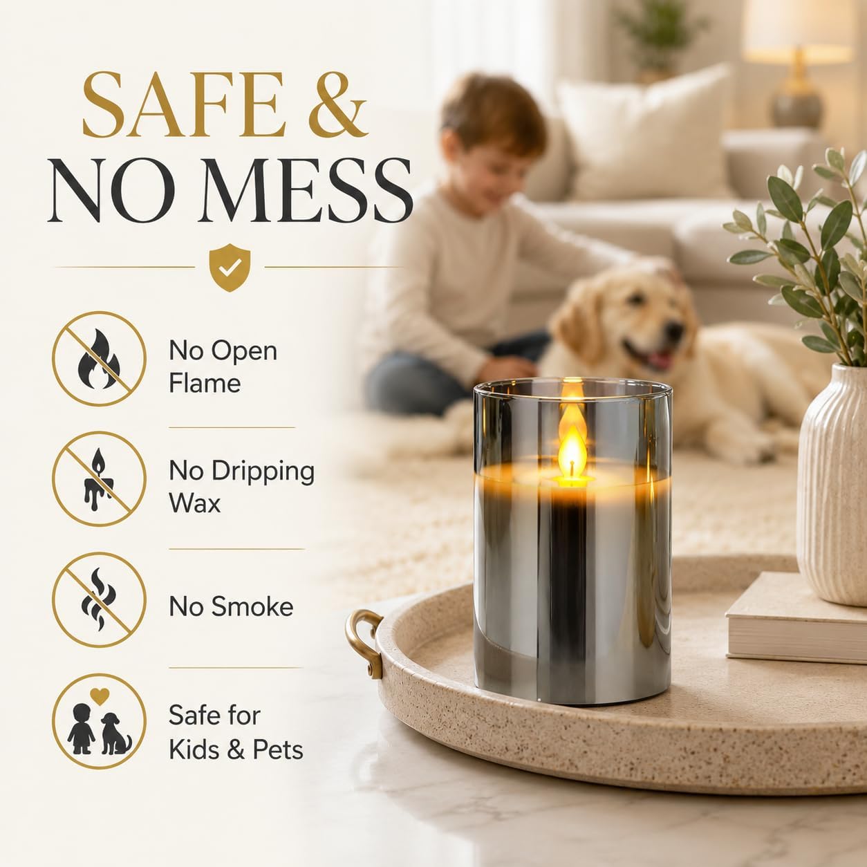 Detalle de YMing flameless LED candles set (4"/5"/6") with remote and timer – real-wax style, gold glass pillars