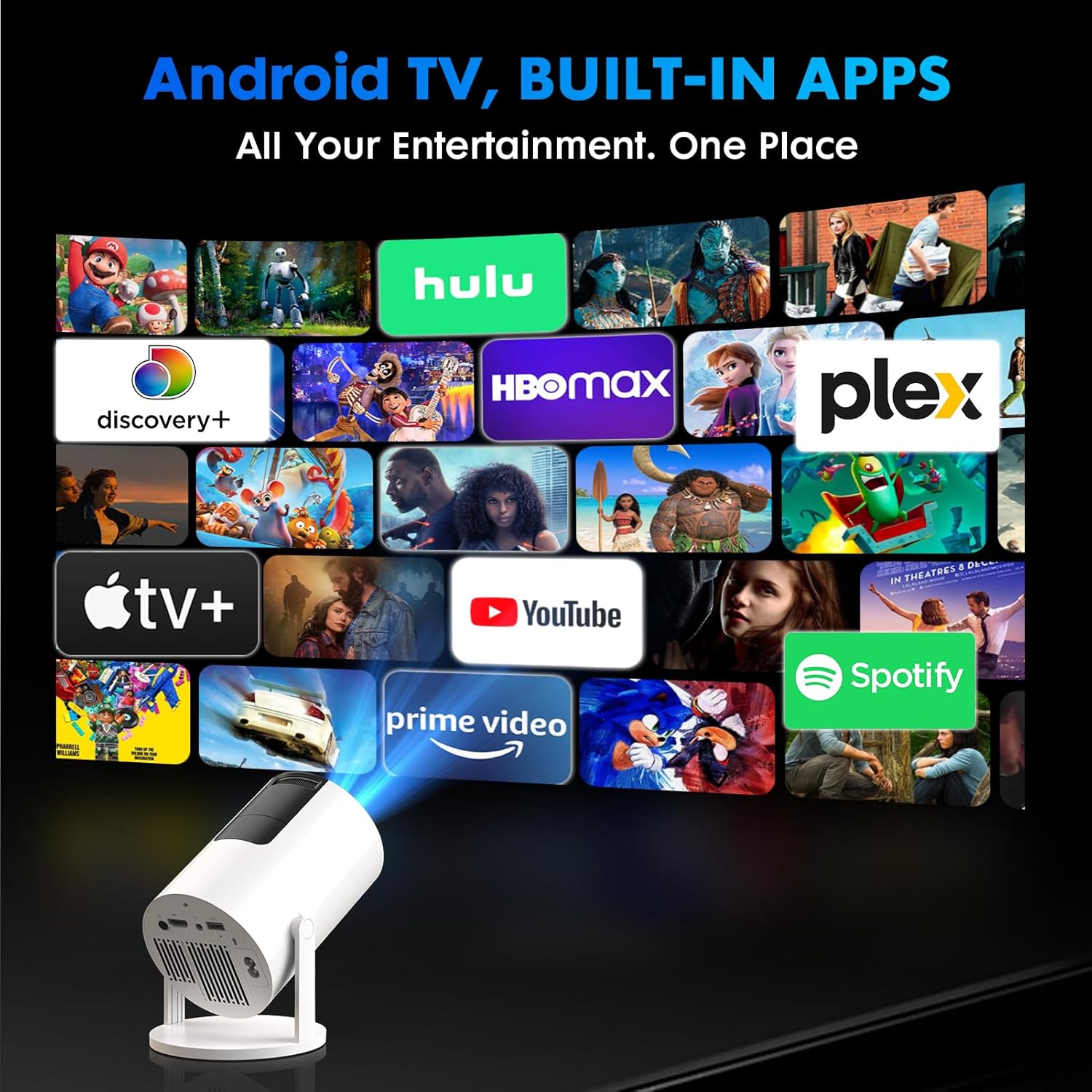 Thumbnail 1 de Tecaki Mini Projector (Android 14 & built-in apps) with WiFi 6, Bluetooth 5.2 and auto keystone for home cinema