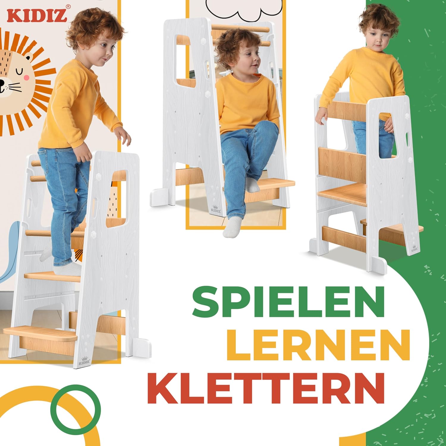 Detalle de KIDIZ® Lernturm für Kinder ab 1 Jahr inkl. Lernuhr – höhenverstellbarer Tritthocker aus Kiefernholz bis 50 kg