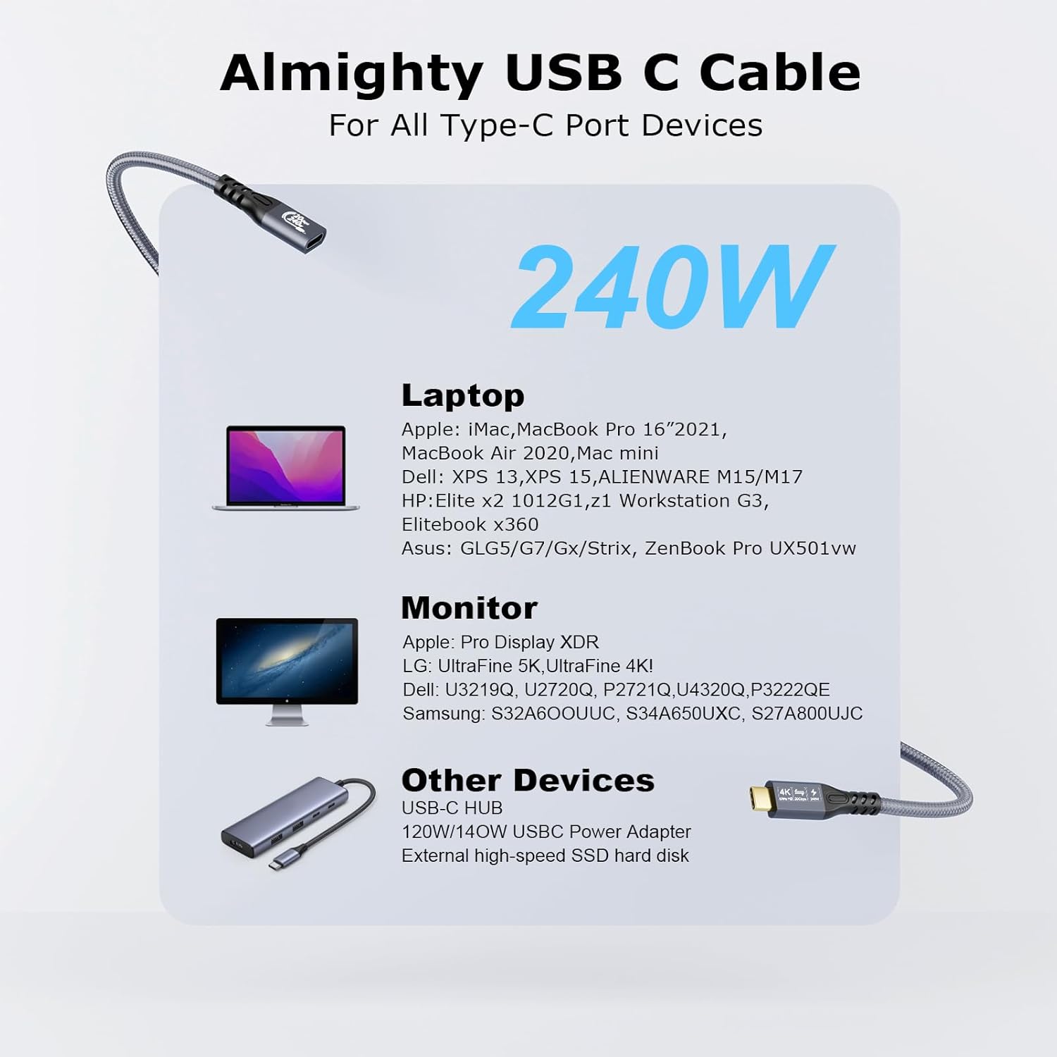 Thumbnail 6 de CHENLENIC 20Gbps USB-C 3.2 Extension Cable (USB-C Male to Female) for 4K@60Hz, 240W Charging and Data Sync