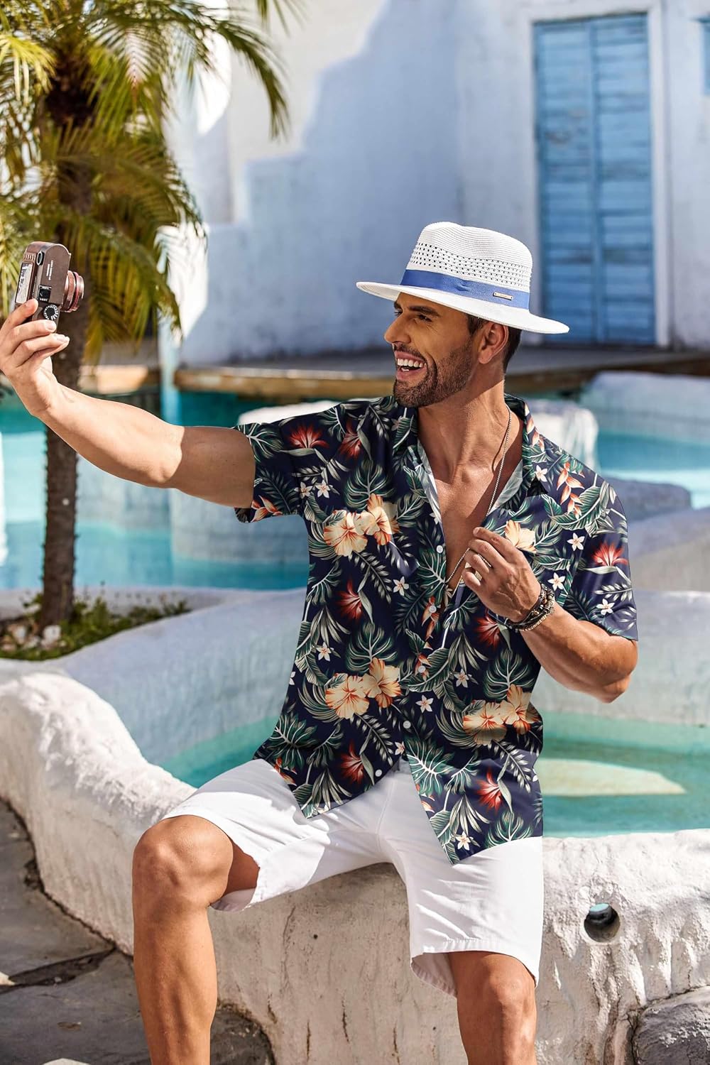 Detalle de COOFANDY Men's Hawaiian Shirt Short Sleeve Floral Button Down – Casual Beach Vibes
