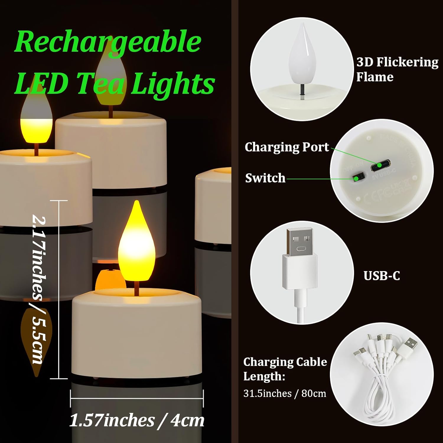 Detalle de SoulBay Rechargeable LED Tea Lights (12 pack) with USB-C charging and remote timer