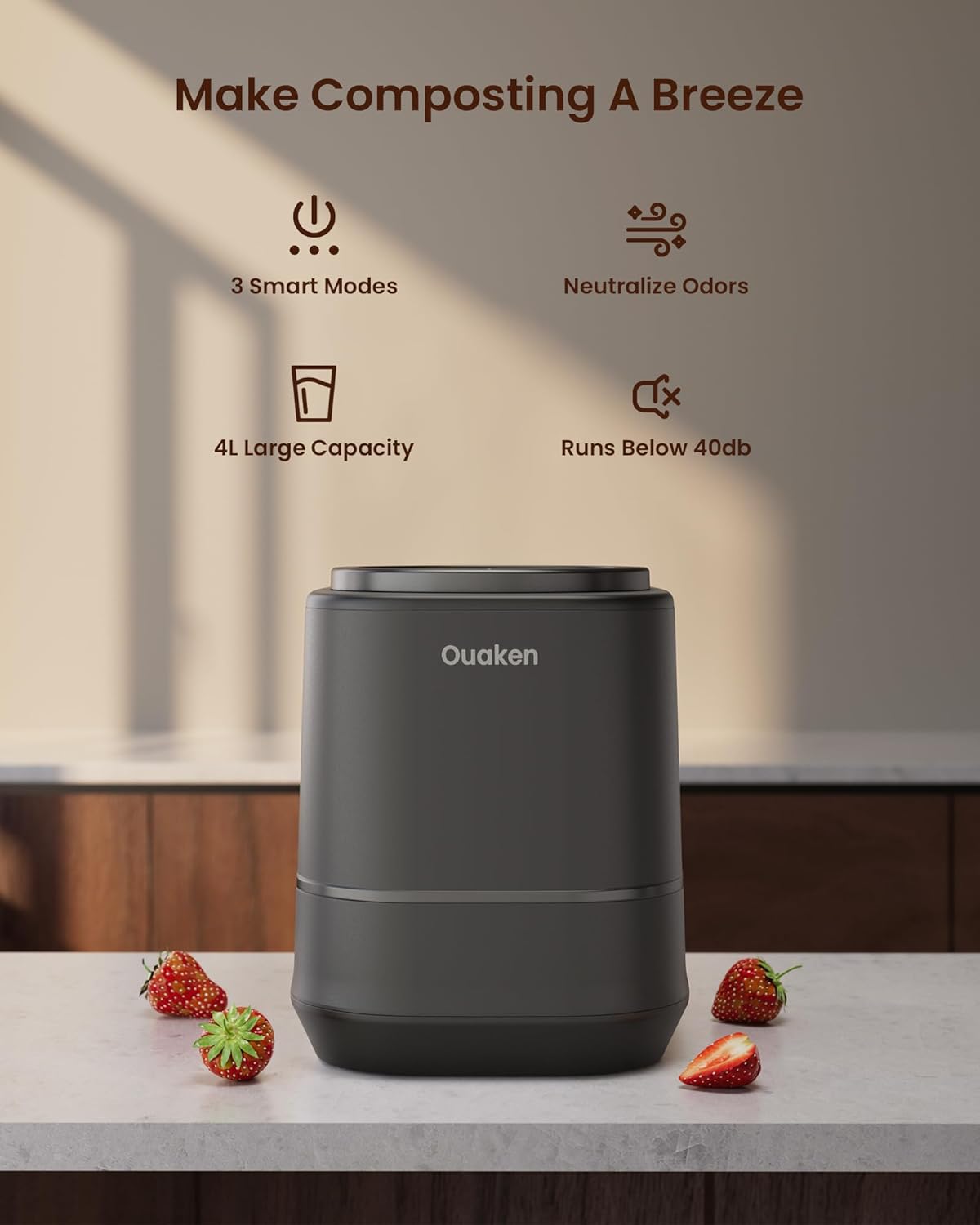 Thumbnail 1 de Ouaken 4L Electric Composter for Kitchen (Smart Countertop Compost Bin) — Odorless, Low Noise, Auto-Cleaning, Black