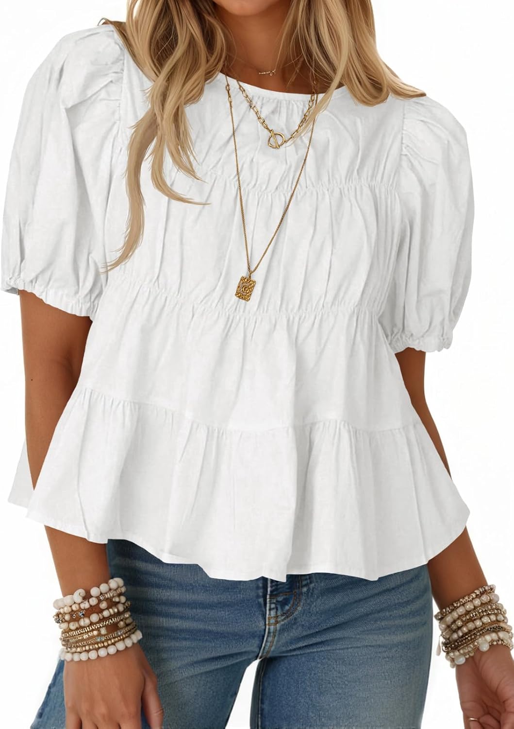 Detalle de Tankaneo Women's Puff Sleeve Peplum Babydoll Top