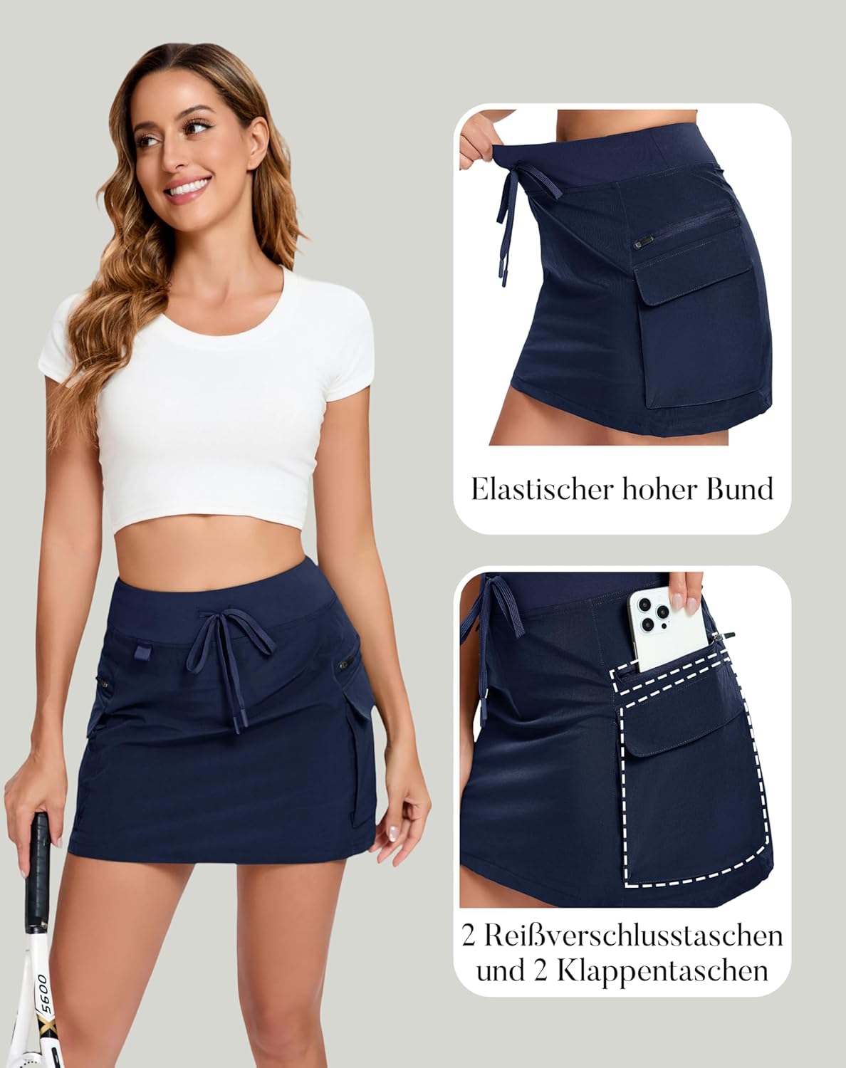 Detalle de Timuspo Jupe de golf cargo à séchage rapide pour femme – taille haute, poches zippées et Velcro