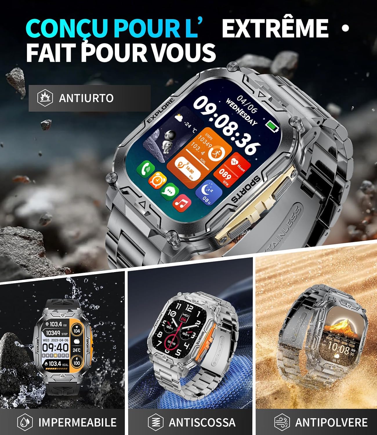 Detalle de HIRREO Smartwatch Uomo Militare con Batteria 1000 mAh, IP68 e Chiamate Bluetooth