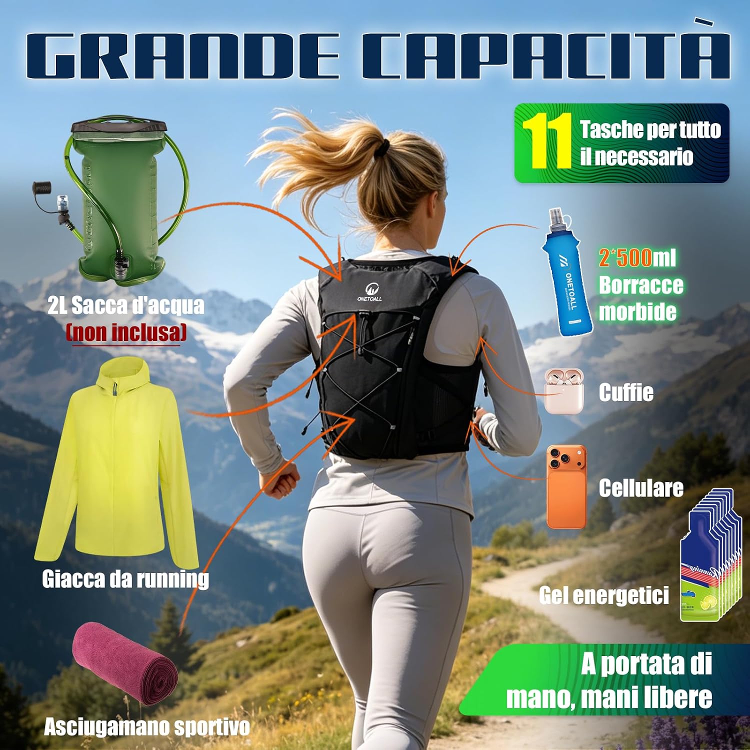 Detalle de ONETOALL Gilet Running: zaino/gil® per trail con 2 borracce, LED e comfort ultraleggero