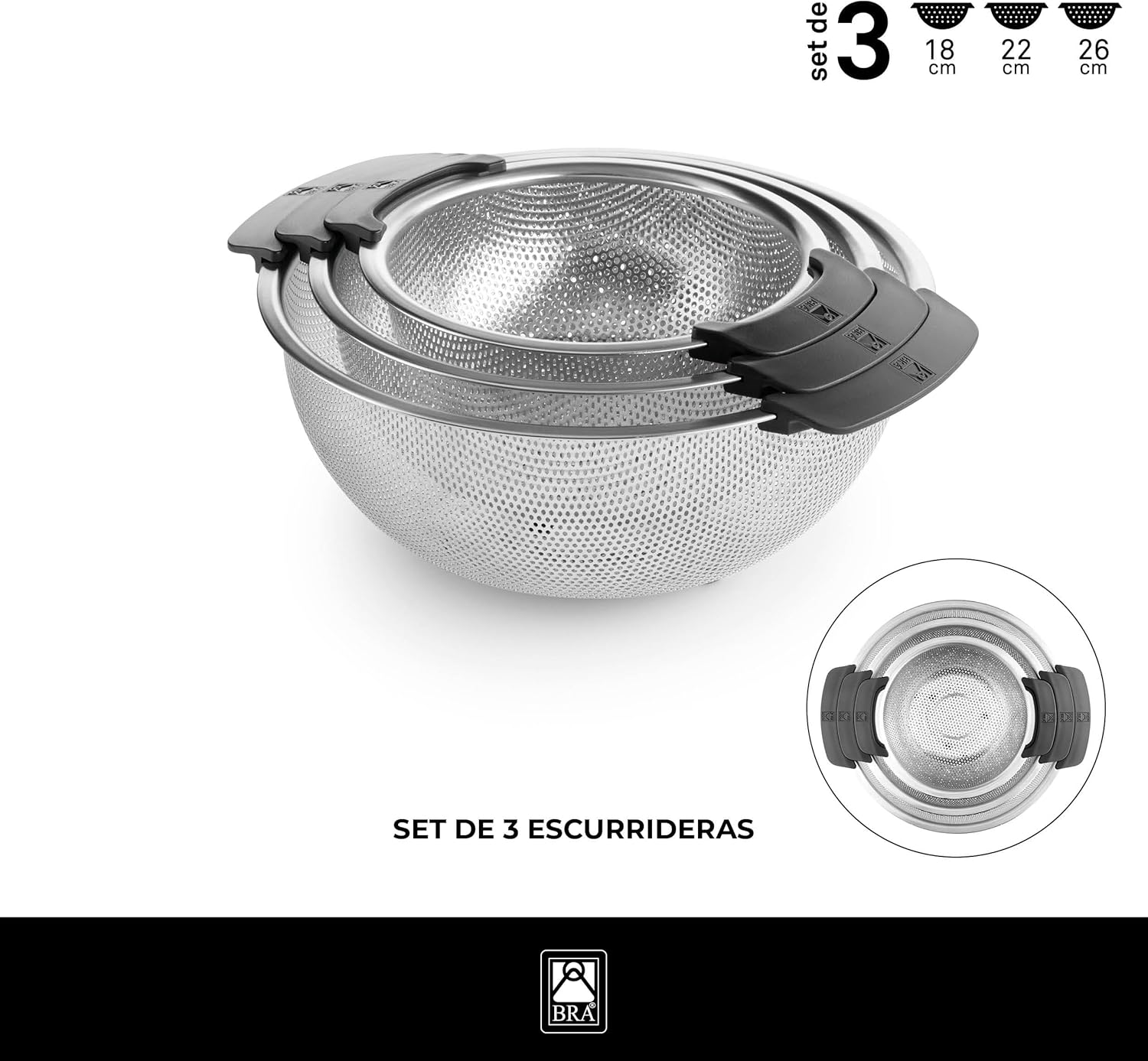 Detalle 2 de BRA Set 3 escurrideras 18-22-26 cm Acero 18/10