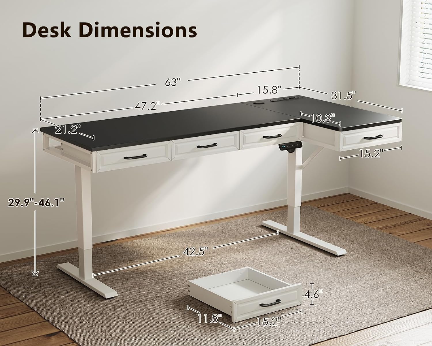 Detalle de OffiGo 63-Inch L-Shaped Electric Standing Desk with 4 Drawers, White and Black