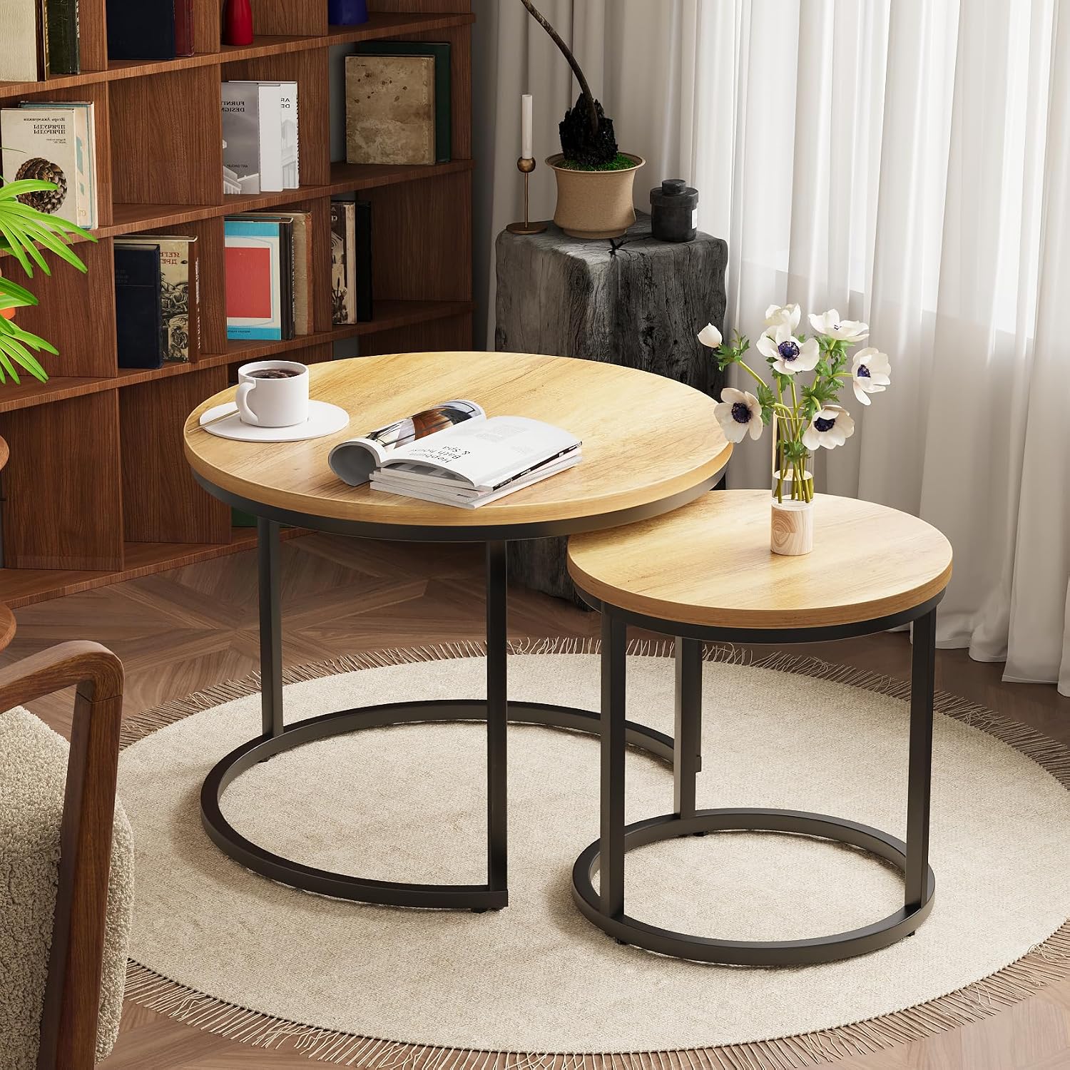 Thumbnail 2 de Smuxee Nesting Coffee Table Set of 2, 23.6-Inch Round Brown Wood Tables