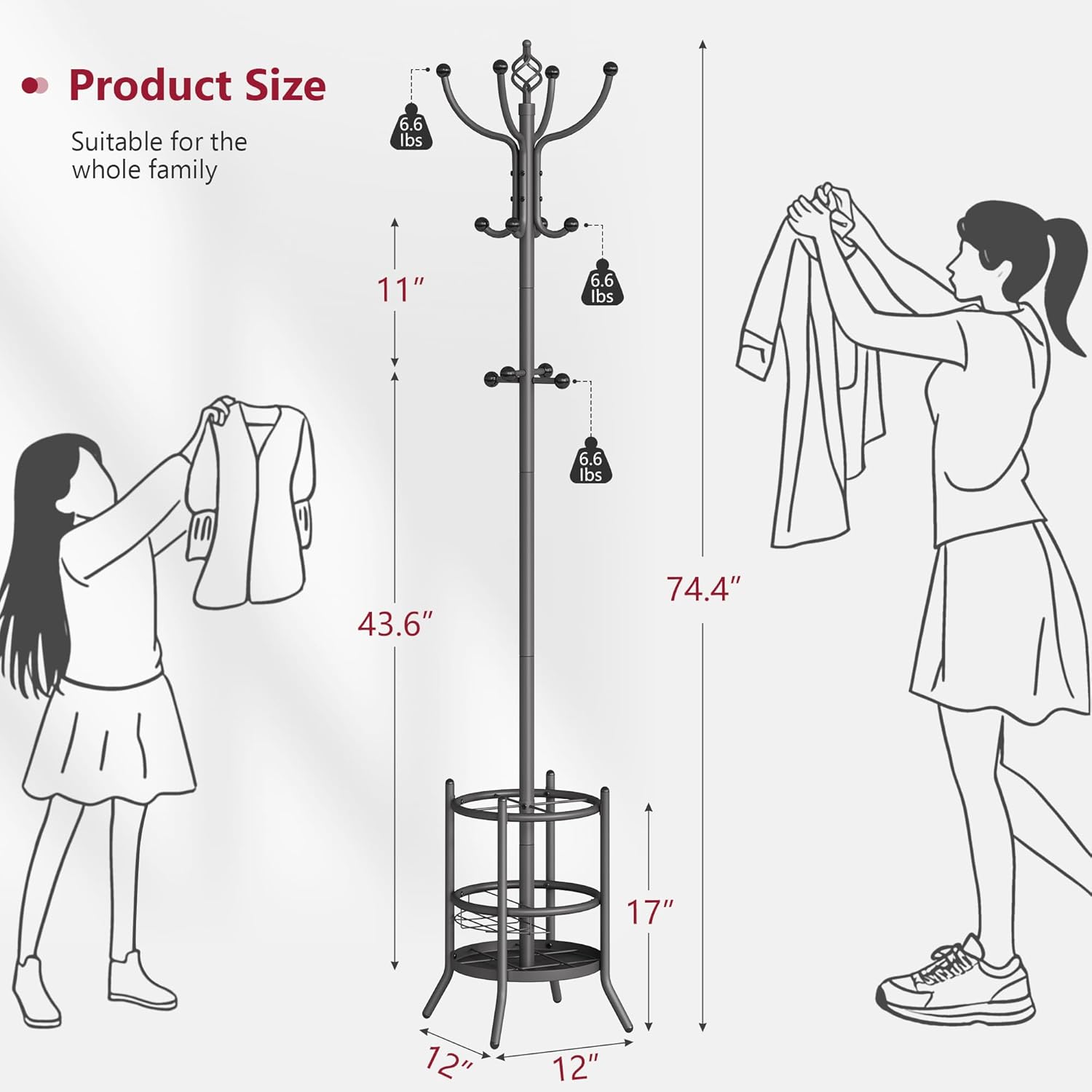 Thumbnail 6 de Tajsoon Porte-manteau autoportant avec porte-parapluie – 16 crochets, gris