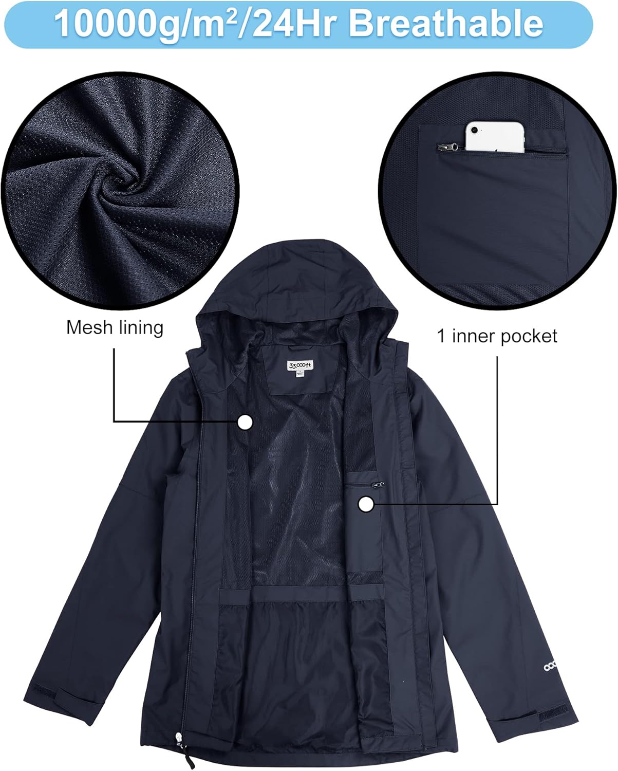 Detalle de 33,000ft Men's Outdoor Waterproof Jacket – Packable Windbreaker for Cycling, Hiking and Travel
