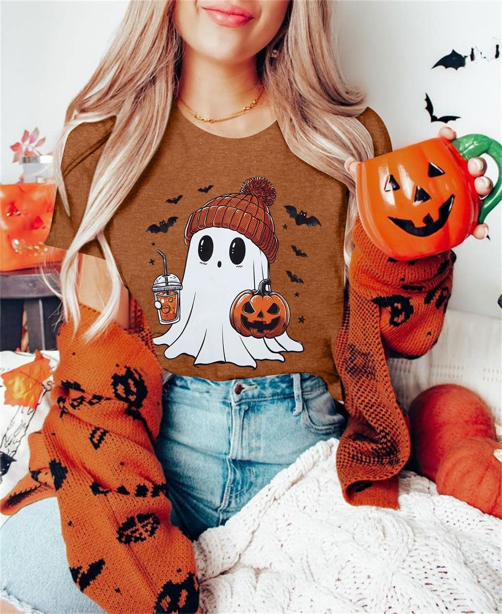 Detalle de DUTUT Halloween T-Shirt for Women, Pumpkin and Boo Ghost, Short Sleeve