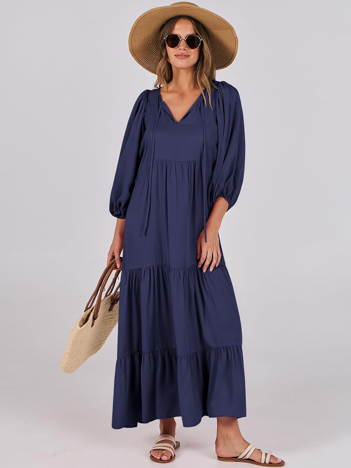 Thumbnail 6 de ANRABESS Womens Boho Maxi Dress: 2026 Summer Floral V-Neck, Puff Sleeve, Tiered Swing