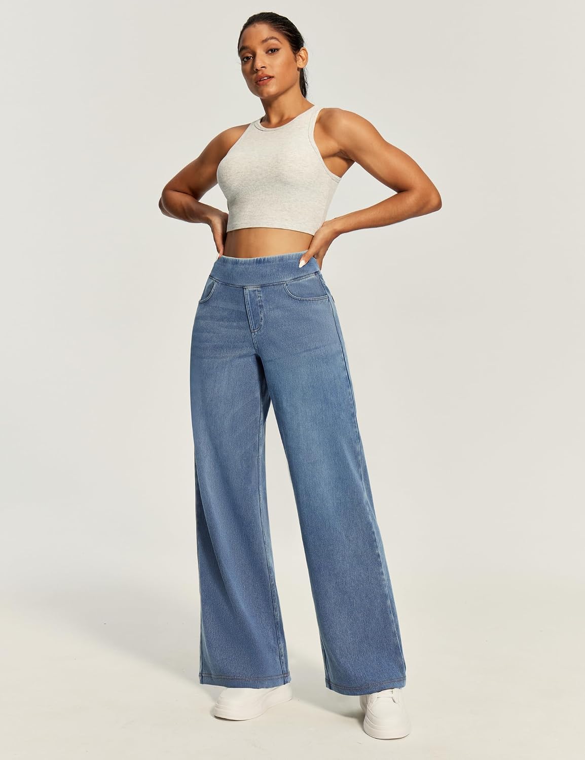 Detalle de IUGA High-Waisted Wide-Leg Pull-On Jeans for Women, Stretch Denim, 4 Pockets