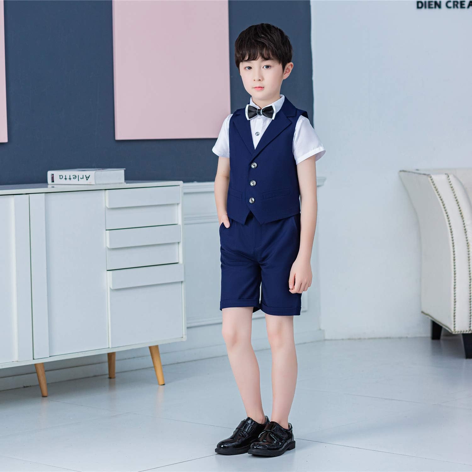 Detalle de LOLANTA 4-teiliges Kinder Freizeit Anzug Set – Jungen Sommer Hochzeitsanzug mit Hemd, Fliege, Weste und Shorts