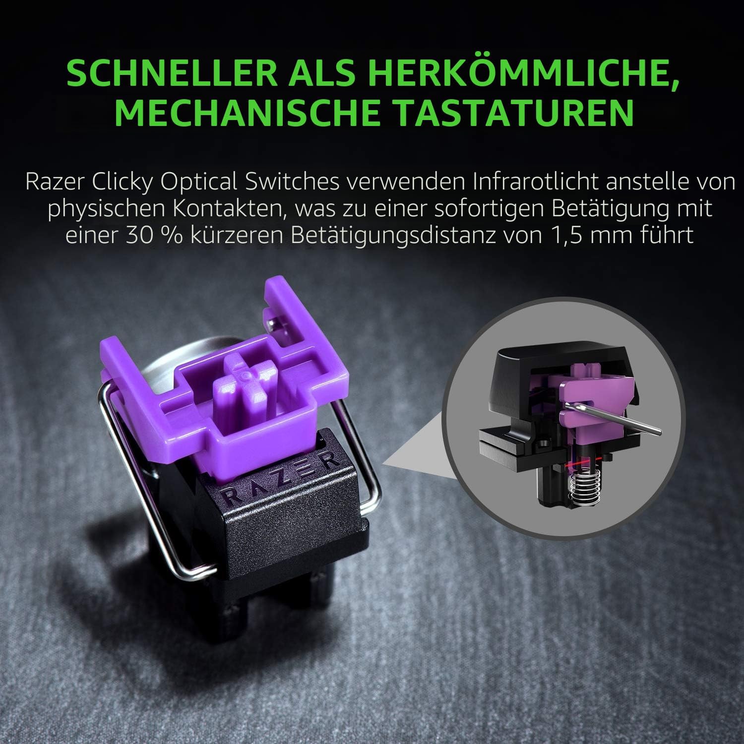 Detalle 2 de Razer Huntsman Mini (Purple Switch) kompakte 60%-Gaming-Tastatur mit optischen Switches, Doubleshot PBT und USB‑C (QWERTY US, schwarz)
