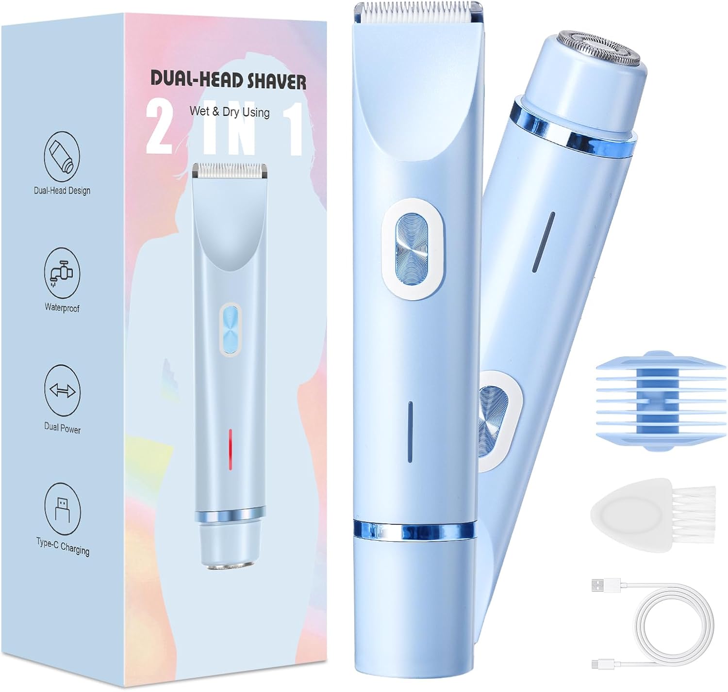 Thumbnail 6 de Elektrischer Rasierer Damen 2-in-1 Doppelkopf (Intim + Gesicht) mit USB‑C-Laden – wasserdicht & leicht zu reinigen