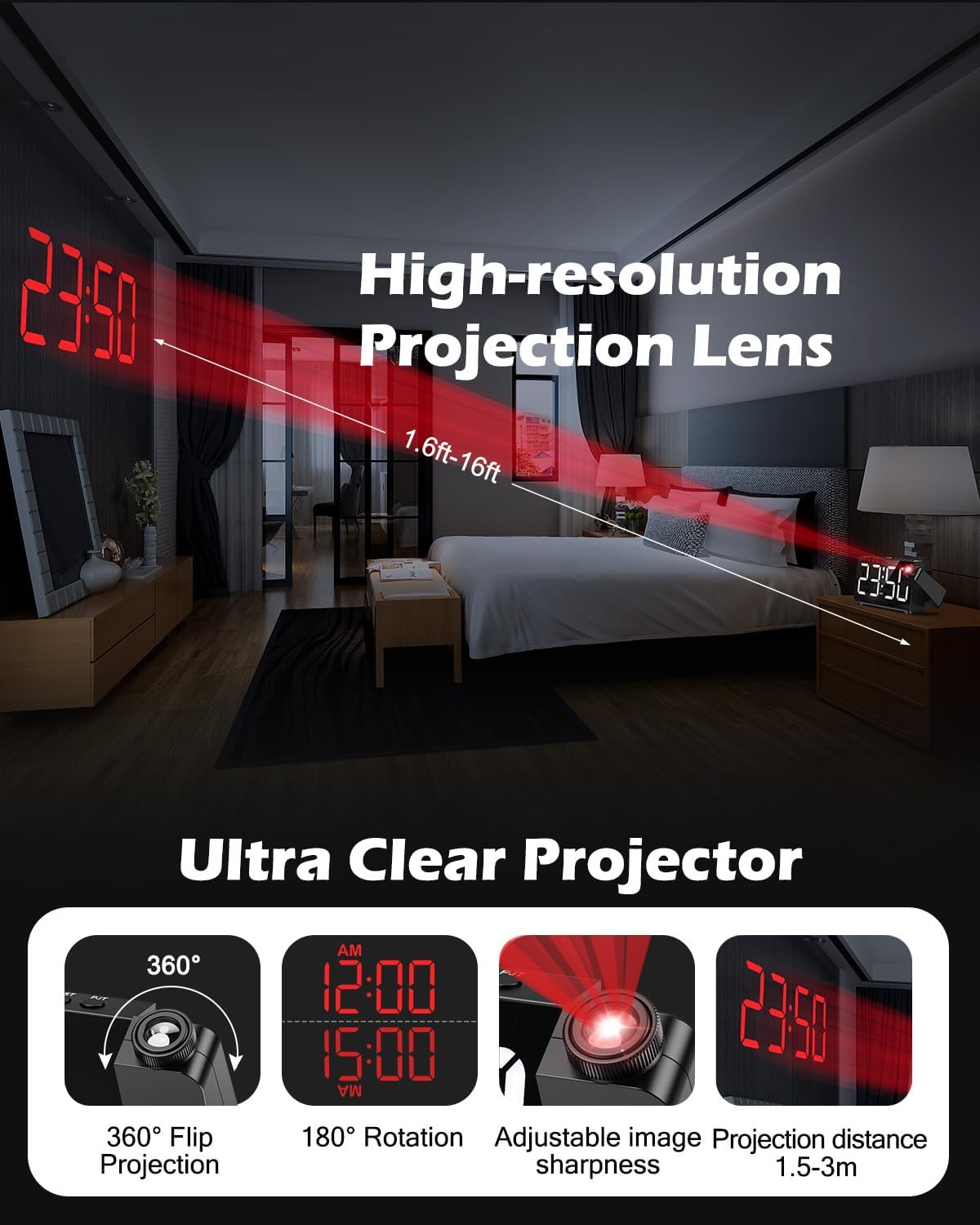 Detalle de OQIMAX projectiewekker met 7,4-inch ledscherm en 180°-projectie
