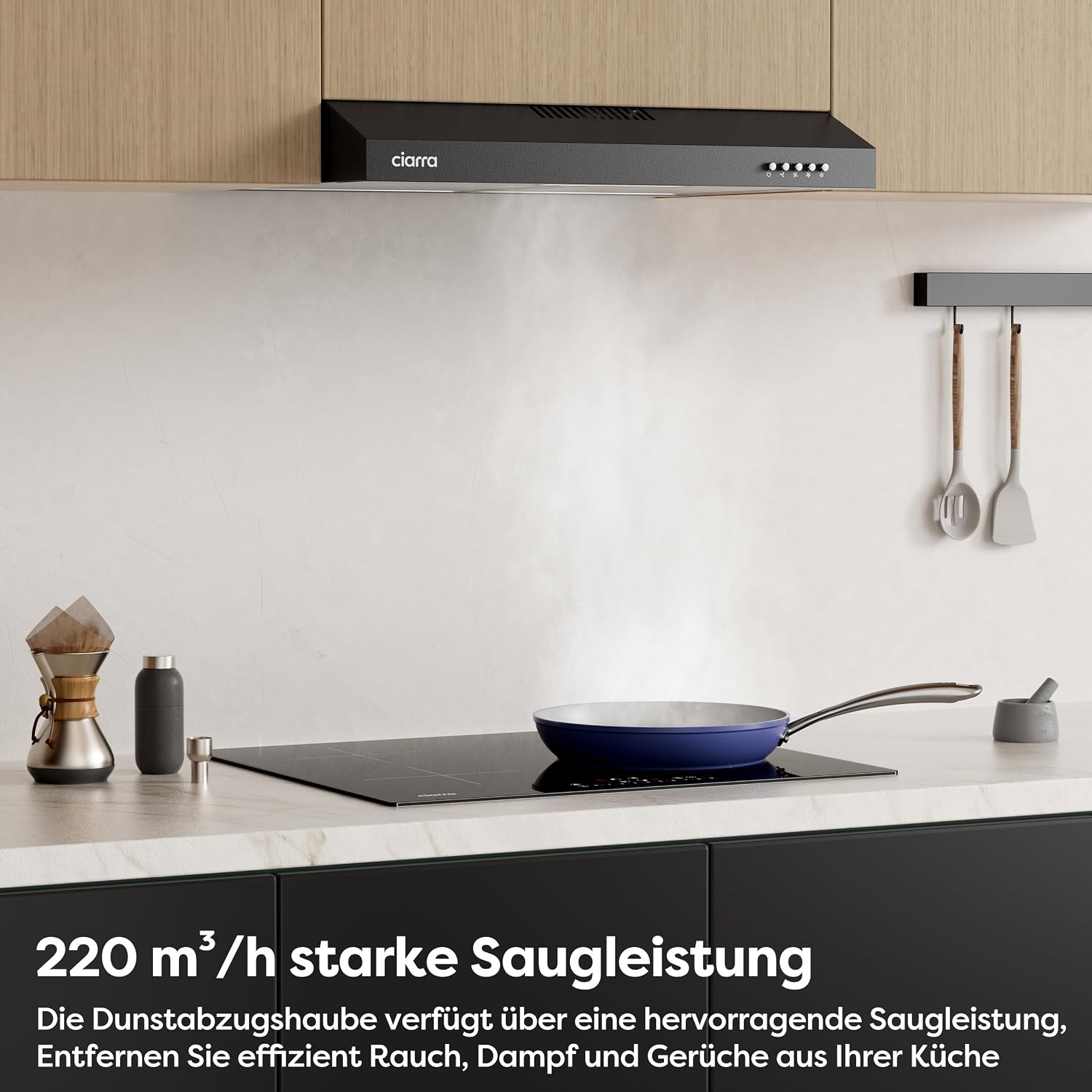 Detalle de CIARRA CBCB6903D A+ Unterbau-Dunstabzugshaube (60 cm) mit Umluft/Abluft und 3 Leistungsstufen