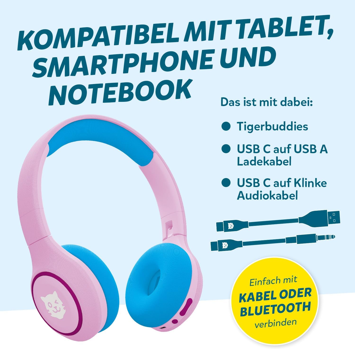Detalle de tigermedia tigerbuddies Bluetooth-Kopfhörer für Kinder – faltbar, 85 dB Lautstärkebegrenzung, ab 4 Jahren