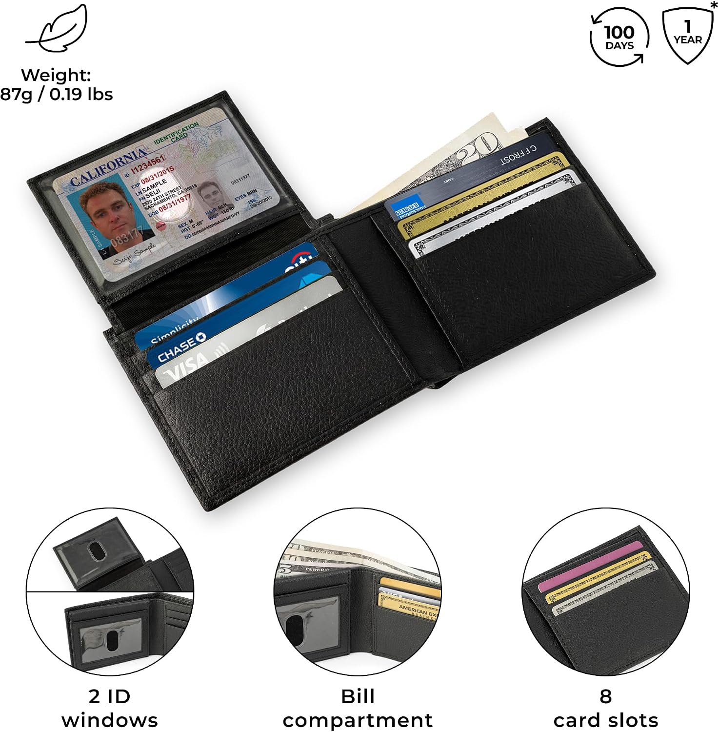 Detalle 2 de Berliner Bags Peter Portefeuille Homme en Cuir Véritable avec Protection RFID, 8 Emplacements Cartes, 2 Fenêtres ID, Billets, Coffret Cadeau – Noir