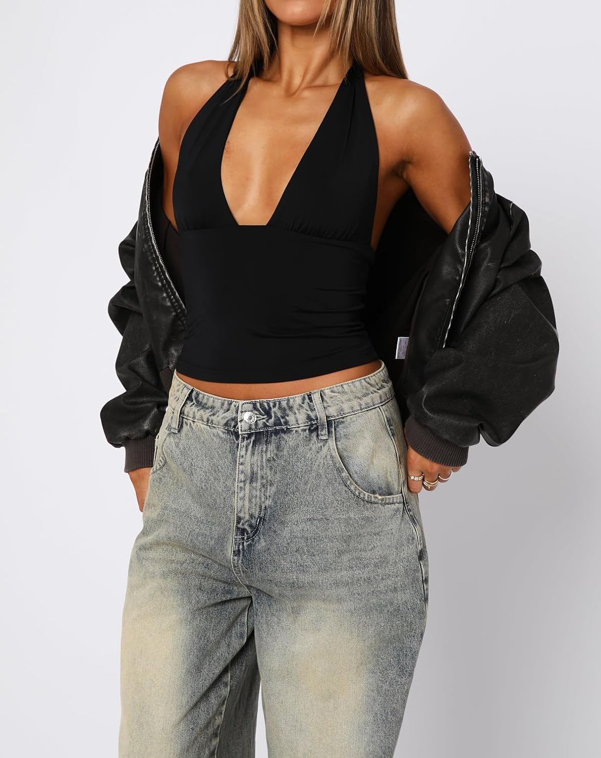 Detalle de TiulZial Women's Backless Halter Crop Top, Double-Lined Stretch Nylon