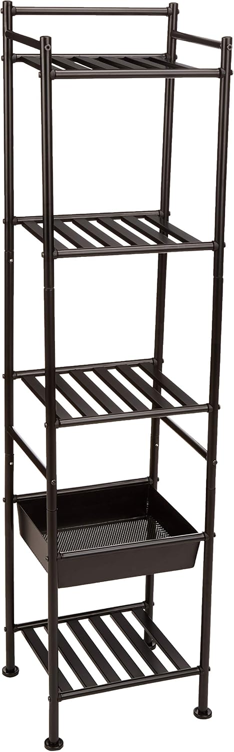 Detalle de Amazon Basics Regal mit 5 Fächern, mit Korb, Schwarz – Edelstahlregal für das Badezimmer