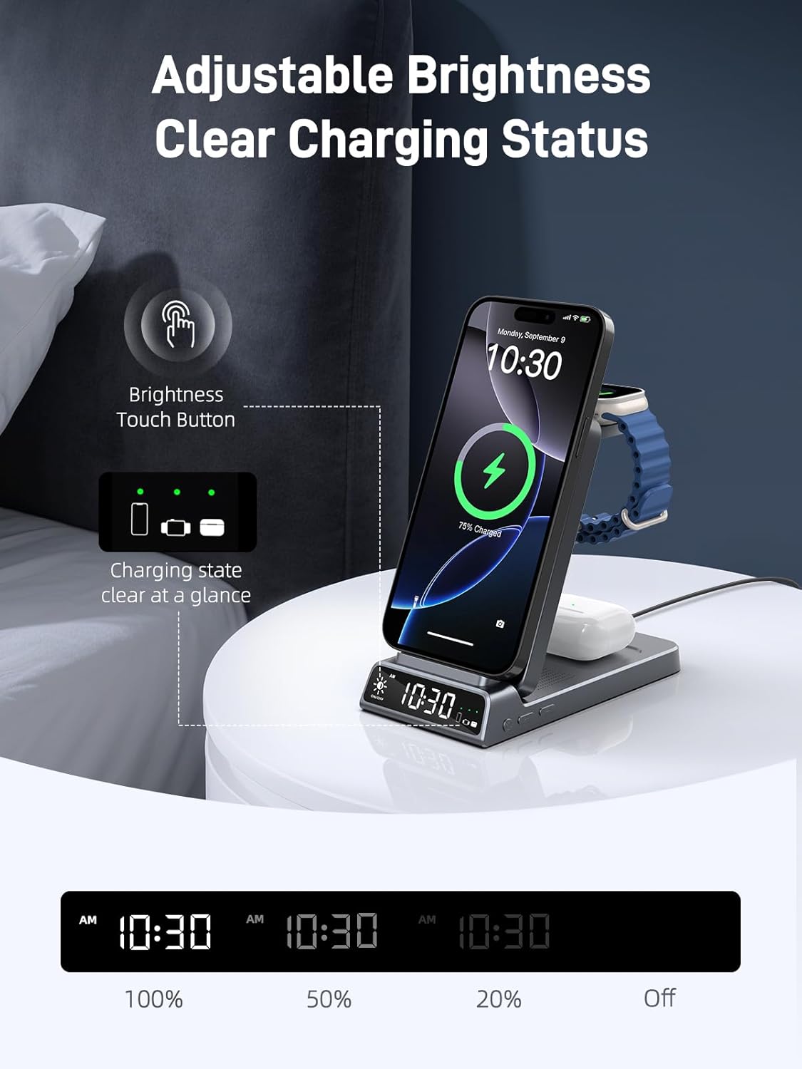 Thumbnail 3 de Elecdov Station de charge magnétique sans fil 3 en 1 avec horloge (pliante, compatible Apple) — Chargeur iPhone, Apple Watch et iWatch 10