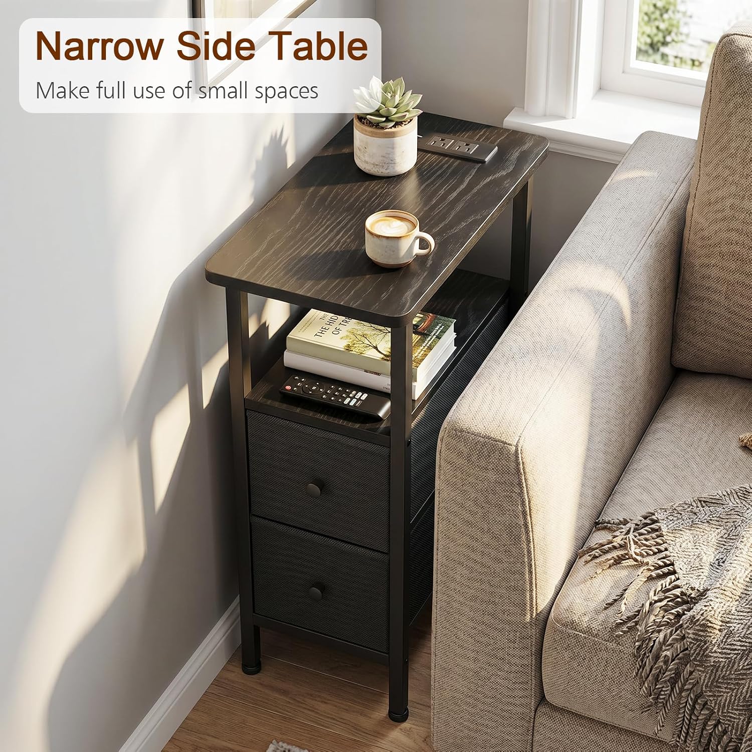 Thumbnail 3 de LOAKEKEL Narrow End Table with 2 Fabric Drawers