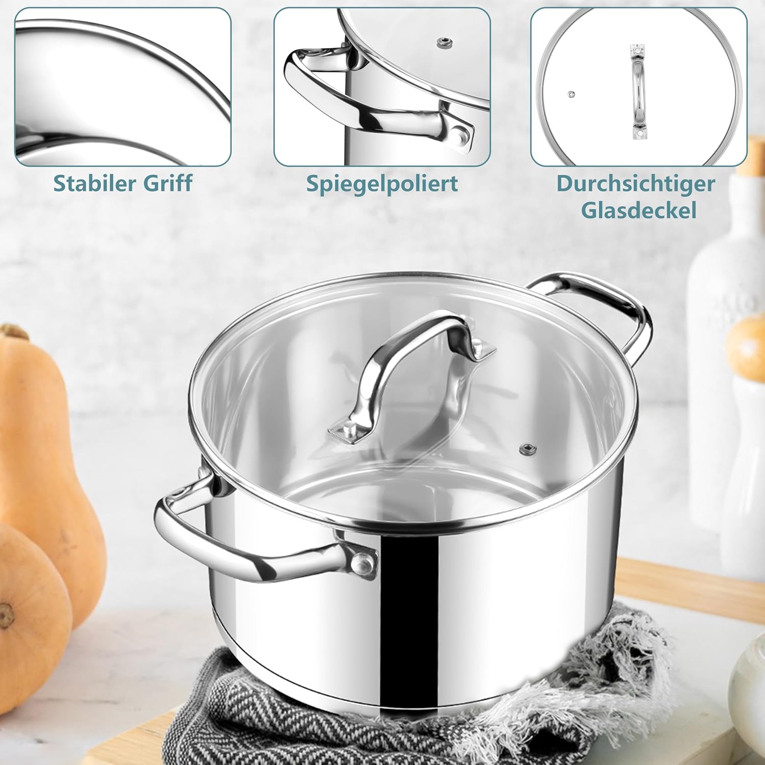 Detalle de HaWare Kochtopf 24 cm aus Edelstahl – induktionsgeeignet, 5,7 L, Glasdeckel