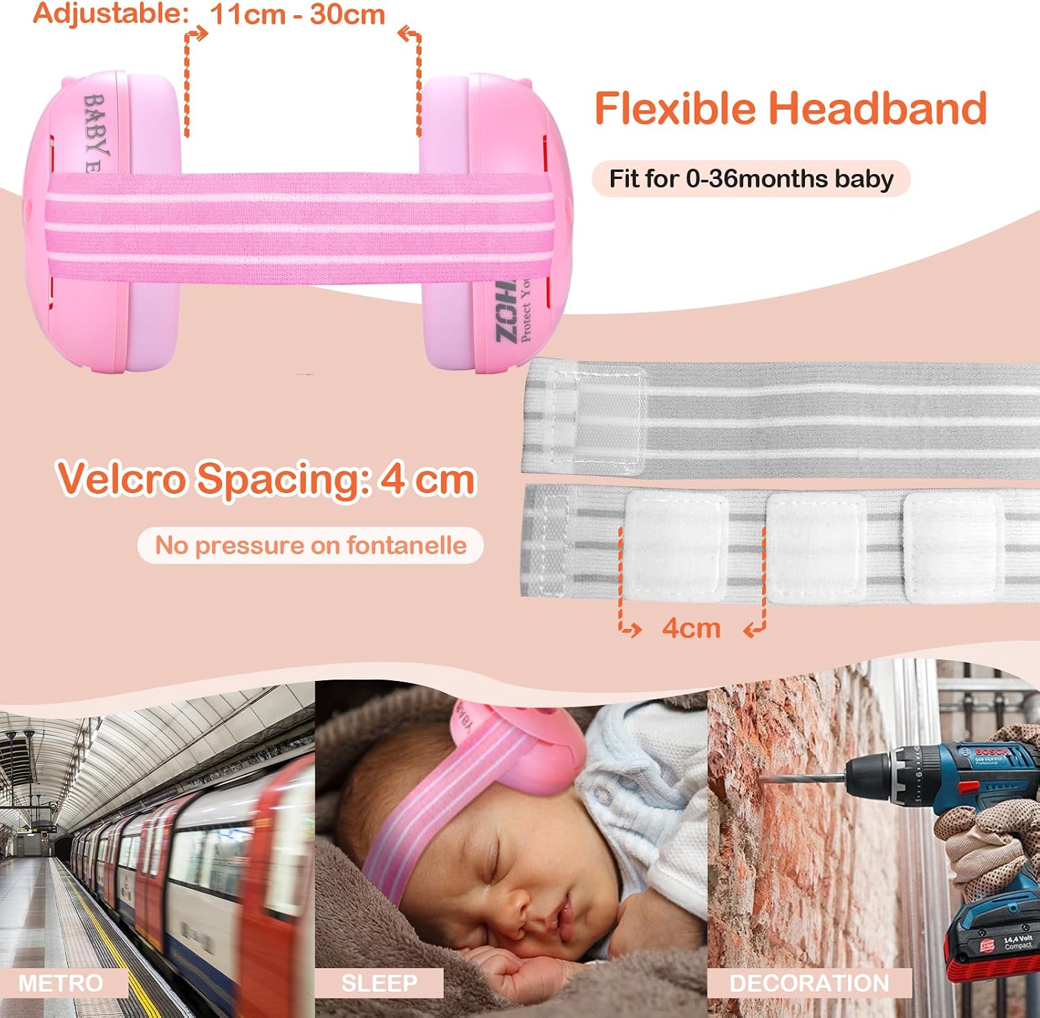 Thumbnail 1 de ZOHAN 001 Ear Defenders Baby 3-36 Months: Adjustable 23dB Noise Cancelling Earmuffs (Pink)