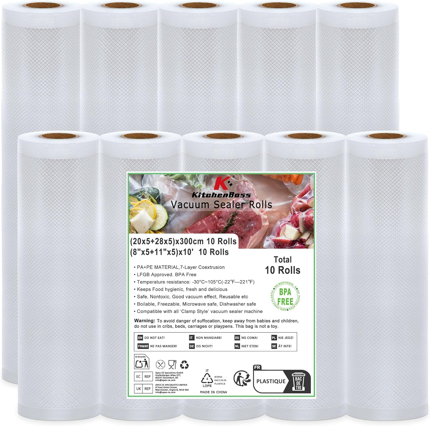 KitchenBoss Sacs sous vide alimentaires gaufrés – 10 rouleaux (20/28 × 300 cm)