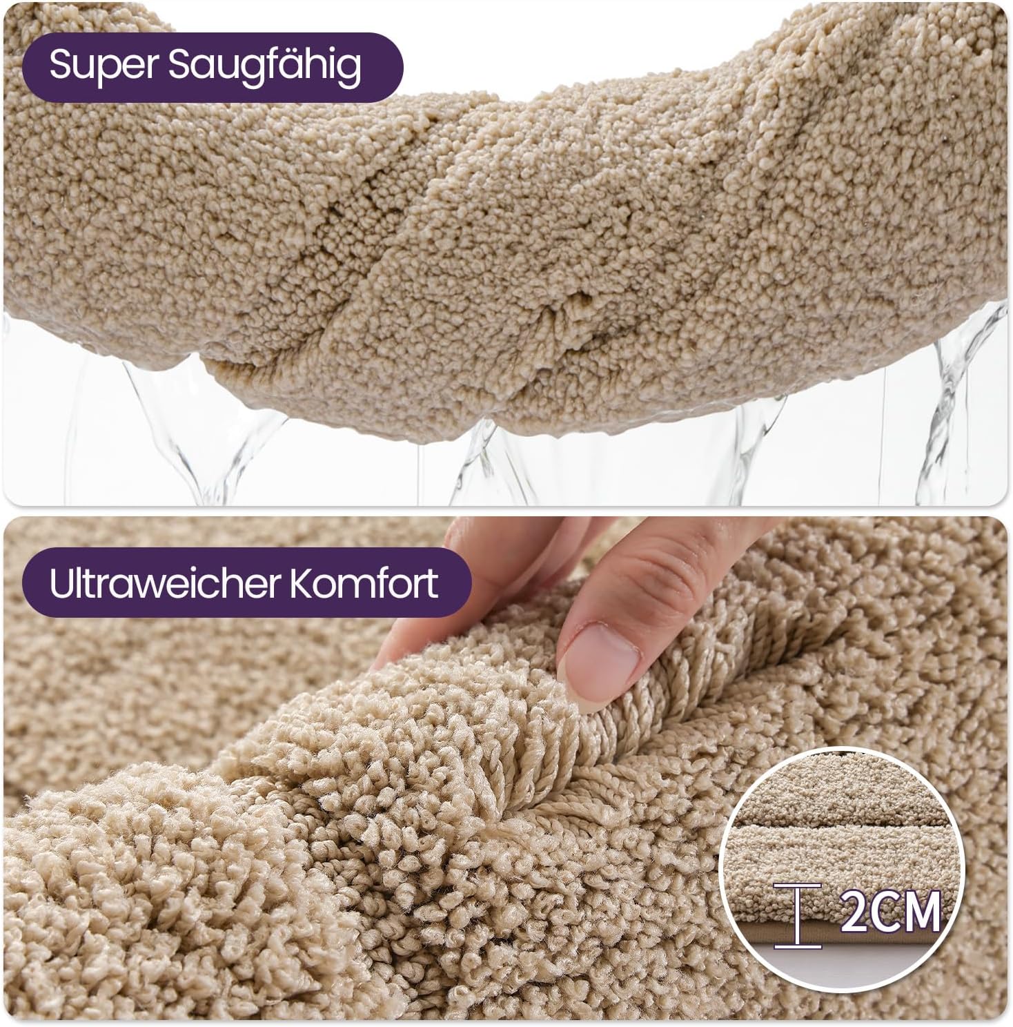 Thumbnail 6 de DEXI Badematte rutschfeste – weicher Mikrofaser Badteppich 60 × 90 cm, Beige