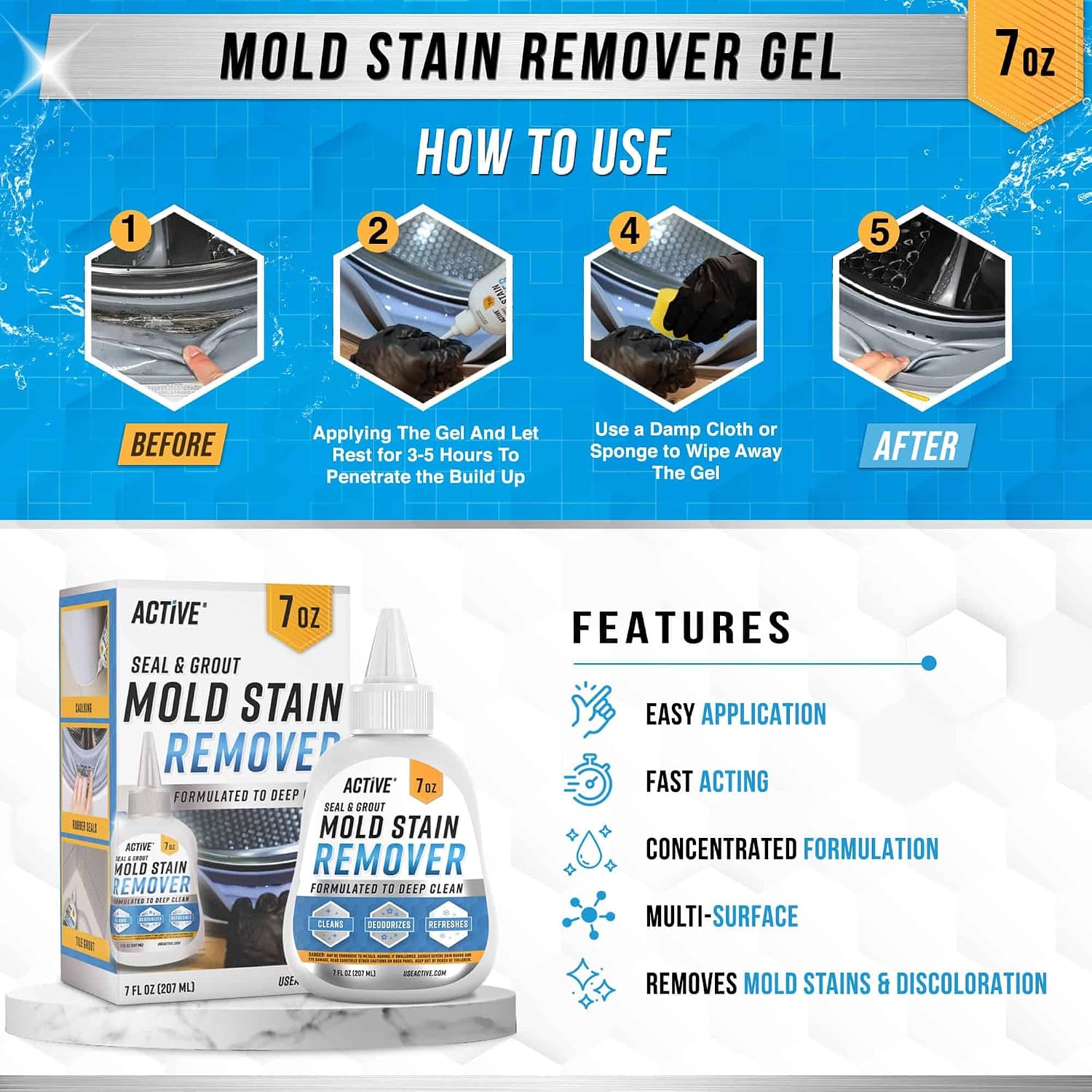 Detalle de ACTIVE Mold Stain Remover Gel Cleaner Heavy Duty Stain Cleaner for Front Loader Washer Seals, Grout, Shower – 7 Fl Oz