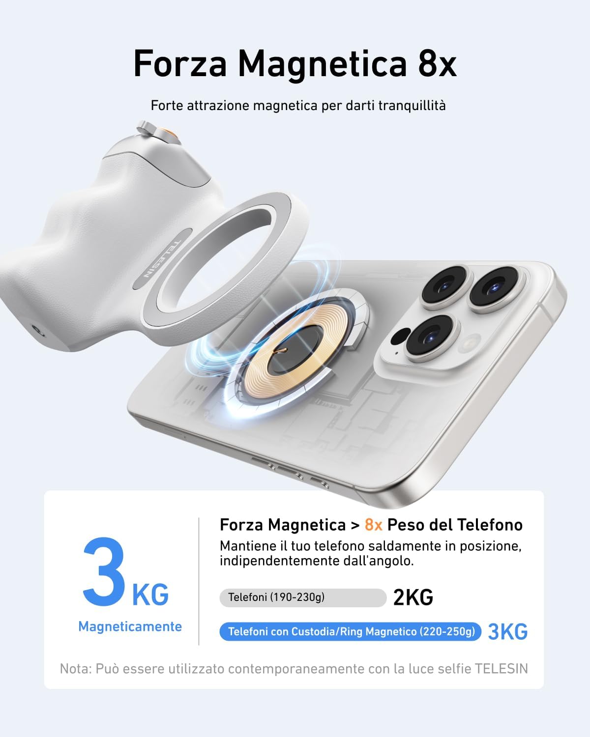 Thumbnail 5 de TELESIN Fun Shot Impugnatura Smartphone + TELESIN C03 Luce Magnetica per Selfie (Bianco) Set