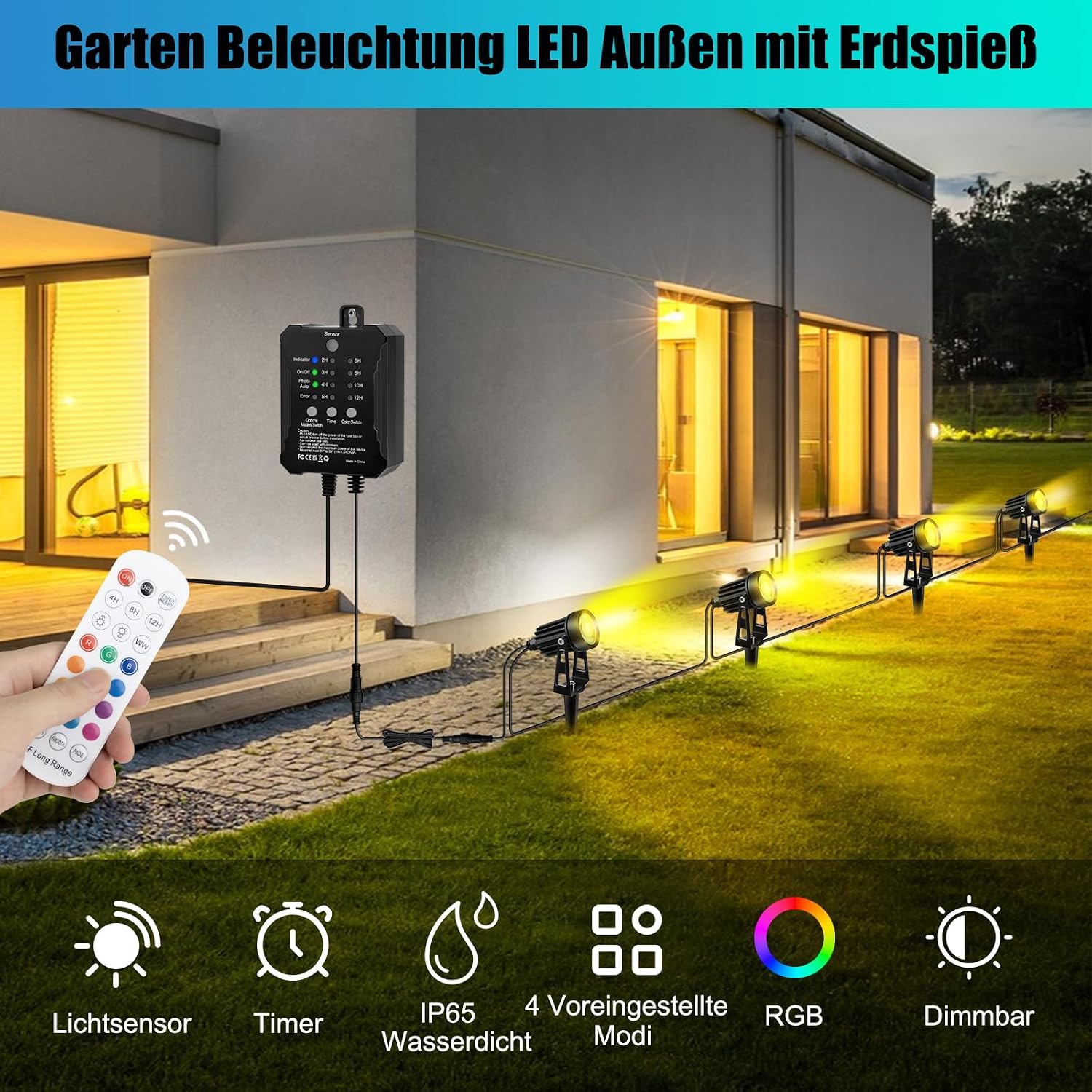 Detalle 2 de COOLWEST RGB Gartenstrahler 8er-Set mit Fernbedienung, Lichtsensor und 24V, IP65 – 20 m Kabelsalat inklusive