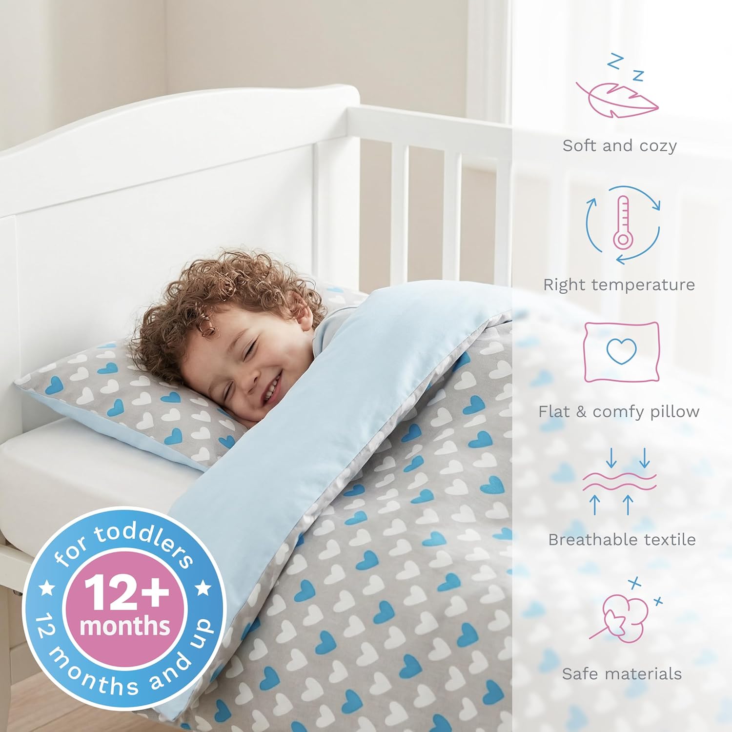 Detalle de Baby Comfort 2-Piece Toddler Duvet & Pillow Set – 120x90 cm, 100% Cotton, Breathable, Machine Washable (Blue Hearts)