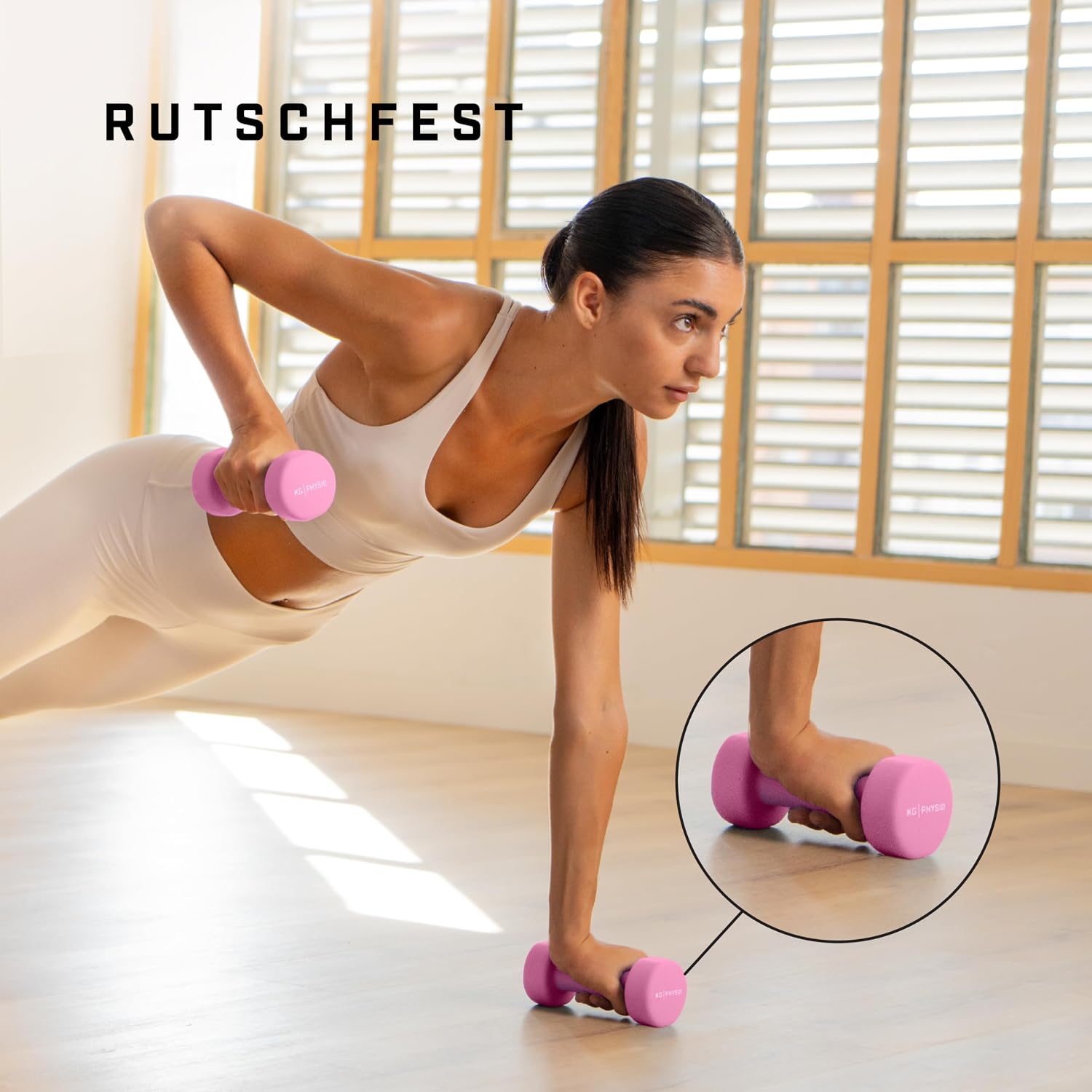 Thumbnail 5 de KG PHYSIO Neopren Hanteln-Set (2er Set) mit Fitnessposter und 32 Übungen – schweißabweisende, antiroll Hanteln aus Gusseisen