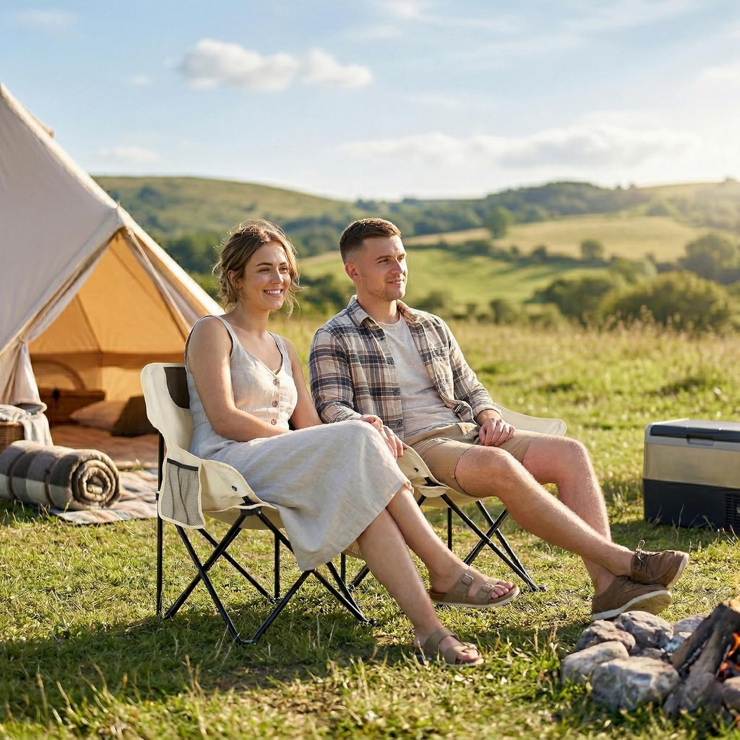 Thumbnail 6 de Outsunny Chaise de Camping Pliable avec Sac de Transport et Pochette latérale – Beige, 61x54x66 cm