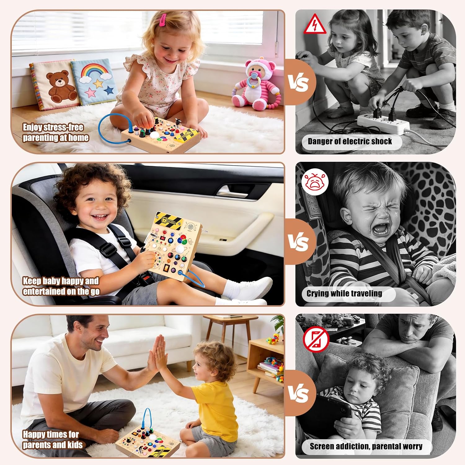 Detalle 2 de Konijiwa Montessori Busy Board de madera para niños (12 interruptores y 24 luces LED)