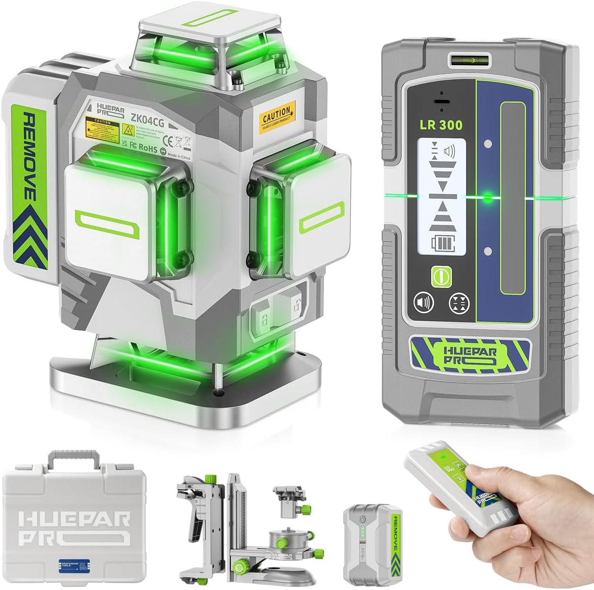 Huepar Pro Outdoor Laser Level mit Empfänger (4D, grüner 360° Kreuzlinienlaser) – selbstnivellierend