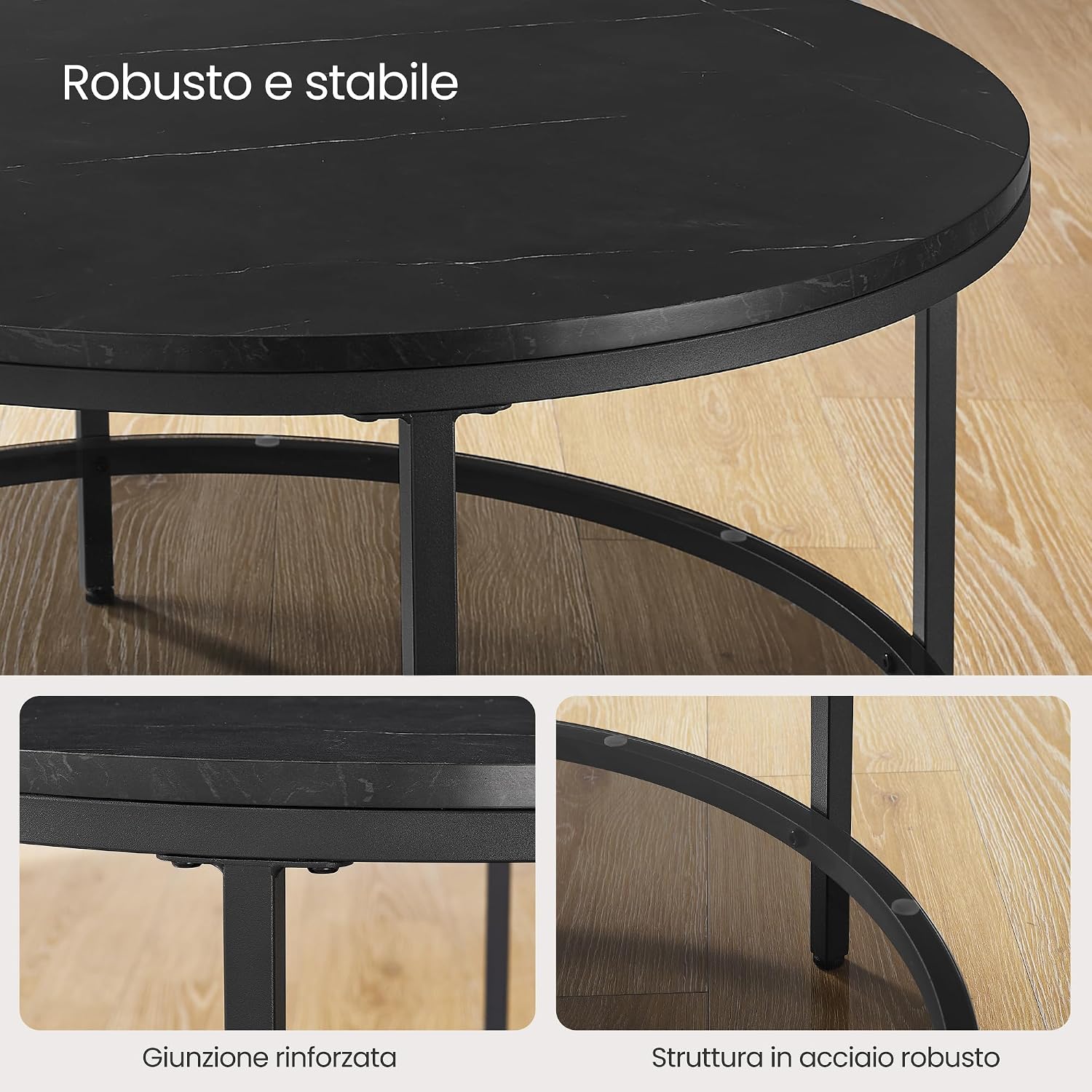 Detalle de VASAGLE Tavolino da salotto rotondo LCT071B58 effetto marmo nero con ripiano in vetro temperato