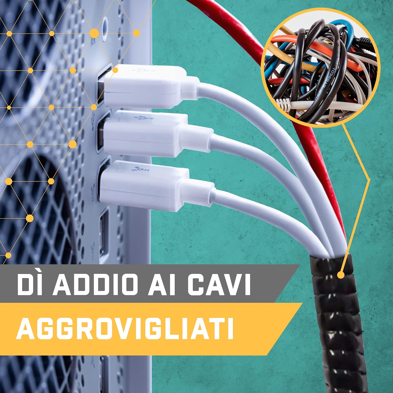 Detalle de Purovi Raccogli Cavi - Guaina Copri Cavi Elettrici Trasparente, 10m, Spiralata e Flessibile